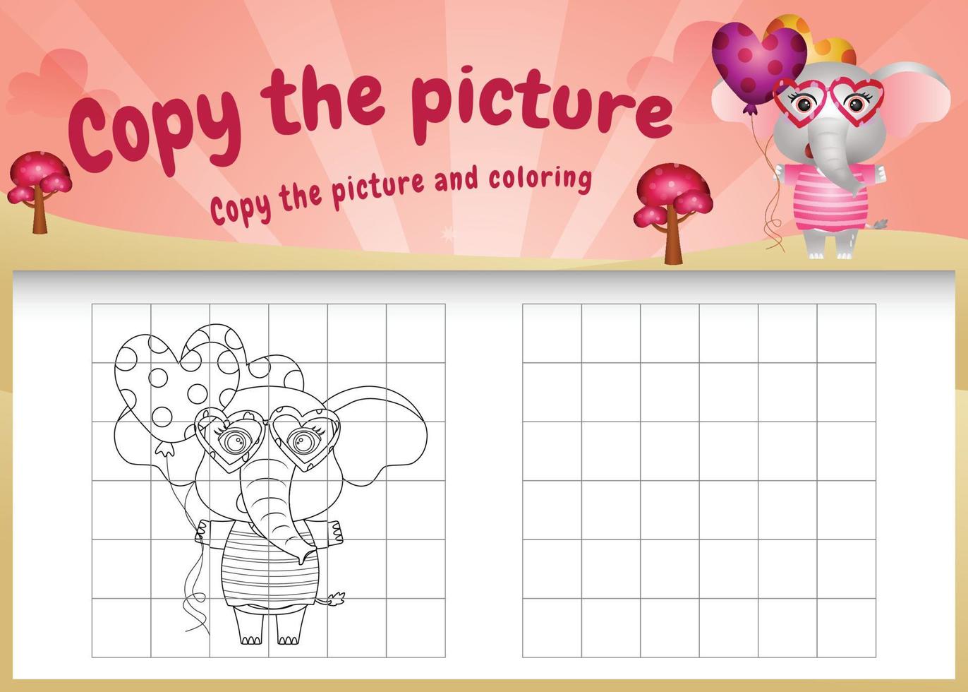 copiez le jeu d'enfants et la page de coloriage avec un éléphant mignon en utilisant le costume de la saint-valentin vecteur