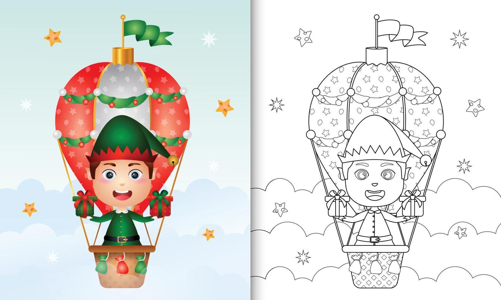 livre de coloriage avec un joli garçon elfe personnages de noël sur montgolfière avec un sac de cadeaux vecteur