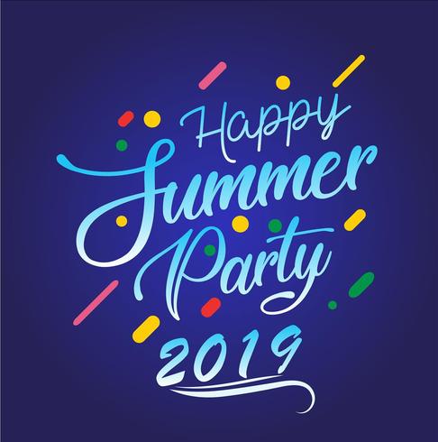 Happy Summer Party 2019. Logo vectoriel multicolore sur fond bleu foncé. Soleil et inscription manuscrite. Modèle d&#39;étiquette de saison lumineux. Heure d&#39;été chaude.