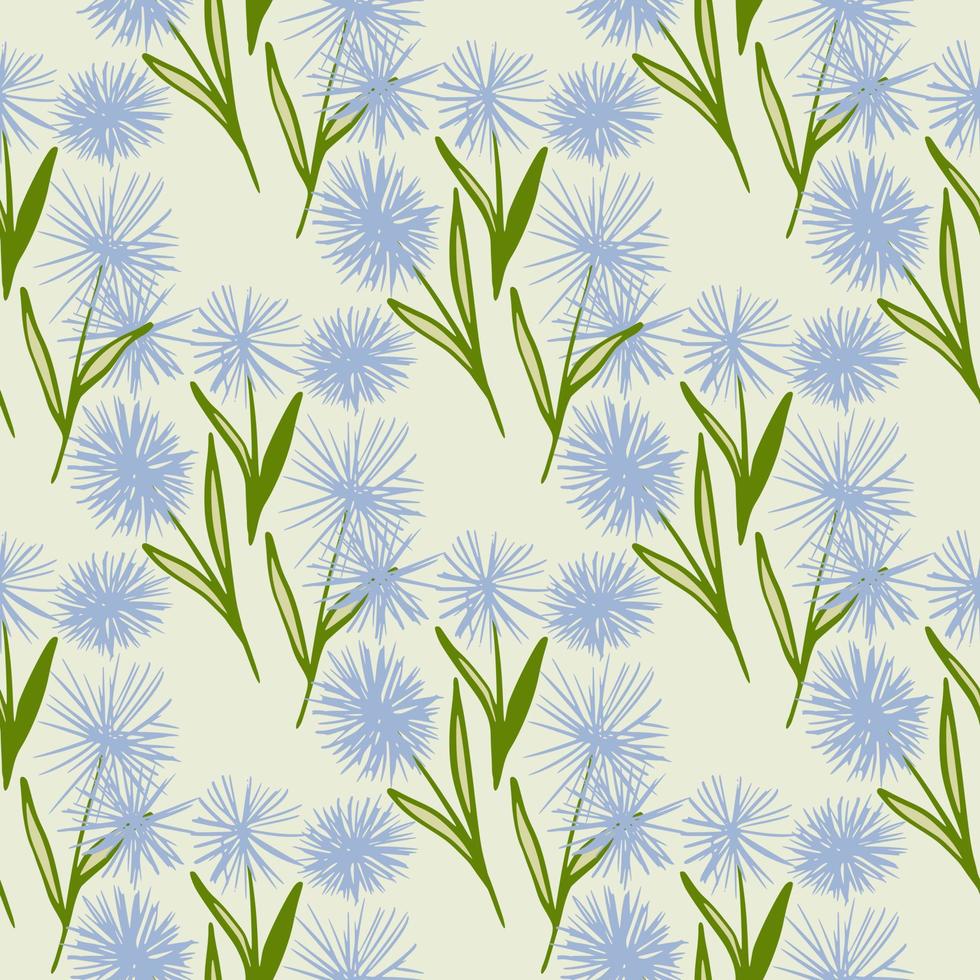 pissenlit abstrait façonne un motif de doodle sans couture. fleurs bleues avec des feuilles vertes sur fond pastel clair. toile de fond de printemps. vecteur