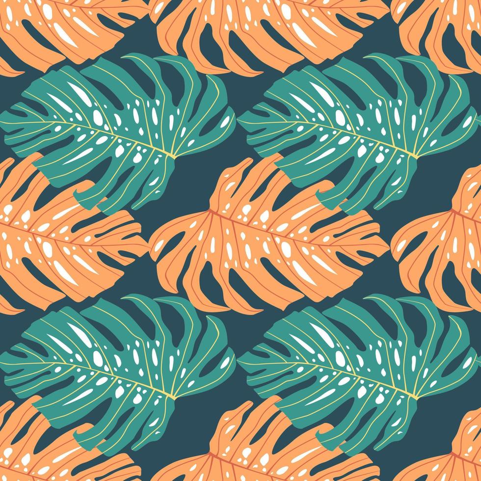 motif harmonieux et lumineux avec des formes de monstera abstraites bleues et orange. fond bleu marine. vecteur