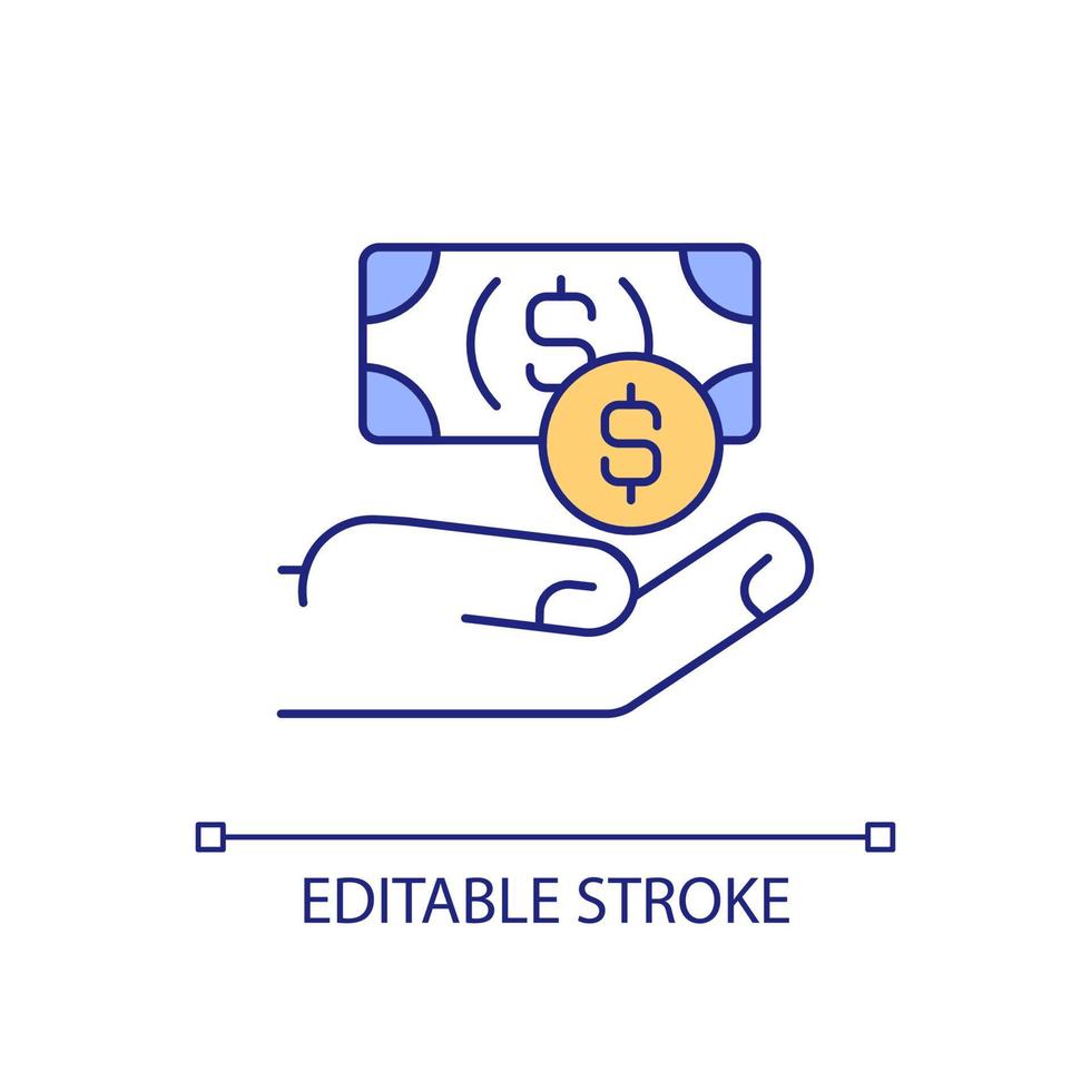 icône de couleur RVB d'investissement. donner de l'argent aux entreprises. donner et dédier. soutien financier de l'entreprise. illustration vectorielle isolée. dessin au trait rempli simple. trait modifiable. police arial utilisée vecteur