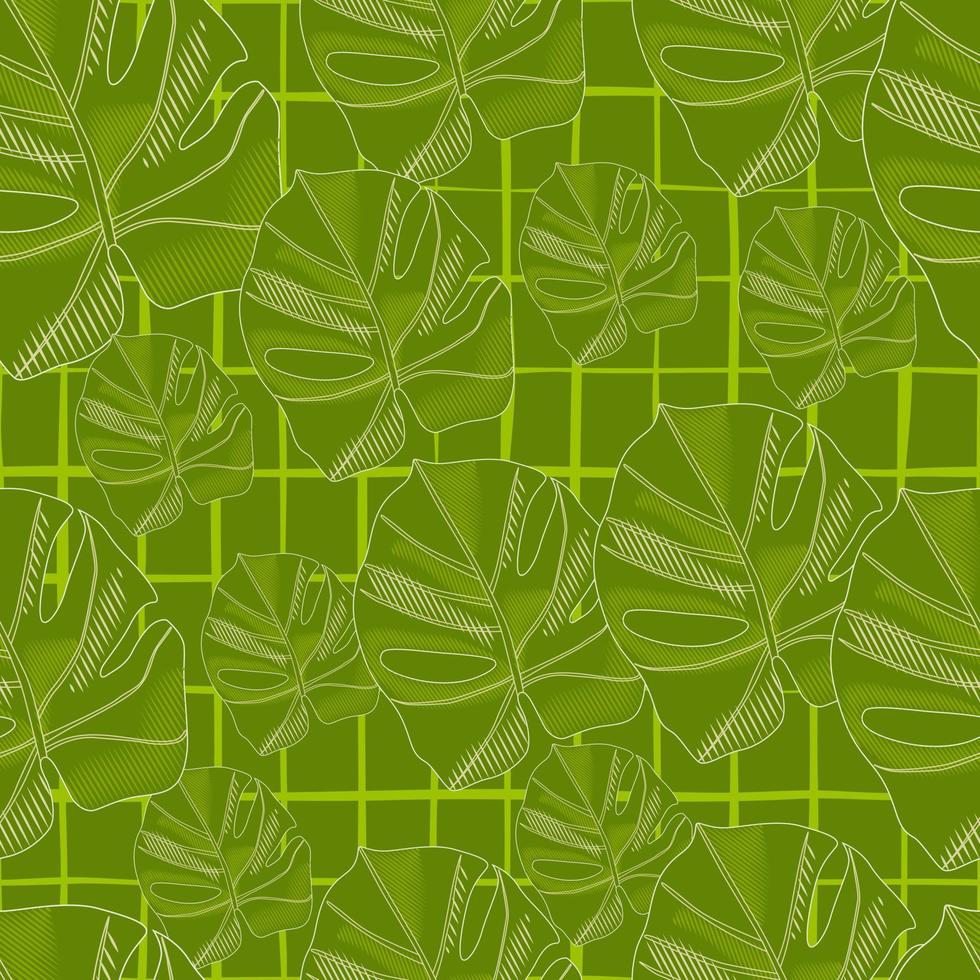 modèle sans couture botanique avec silhouettes abstraites de monstera. imprimé vert aléatoire sur fond quadrillé. vecteur