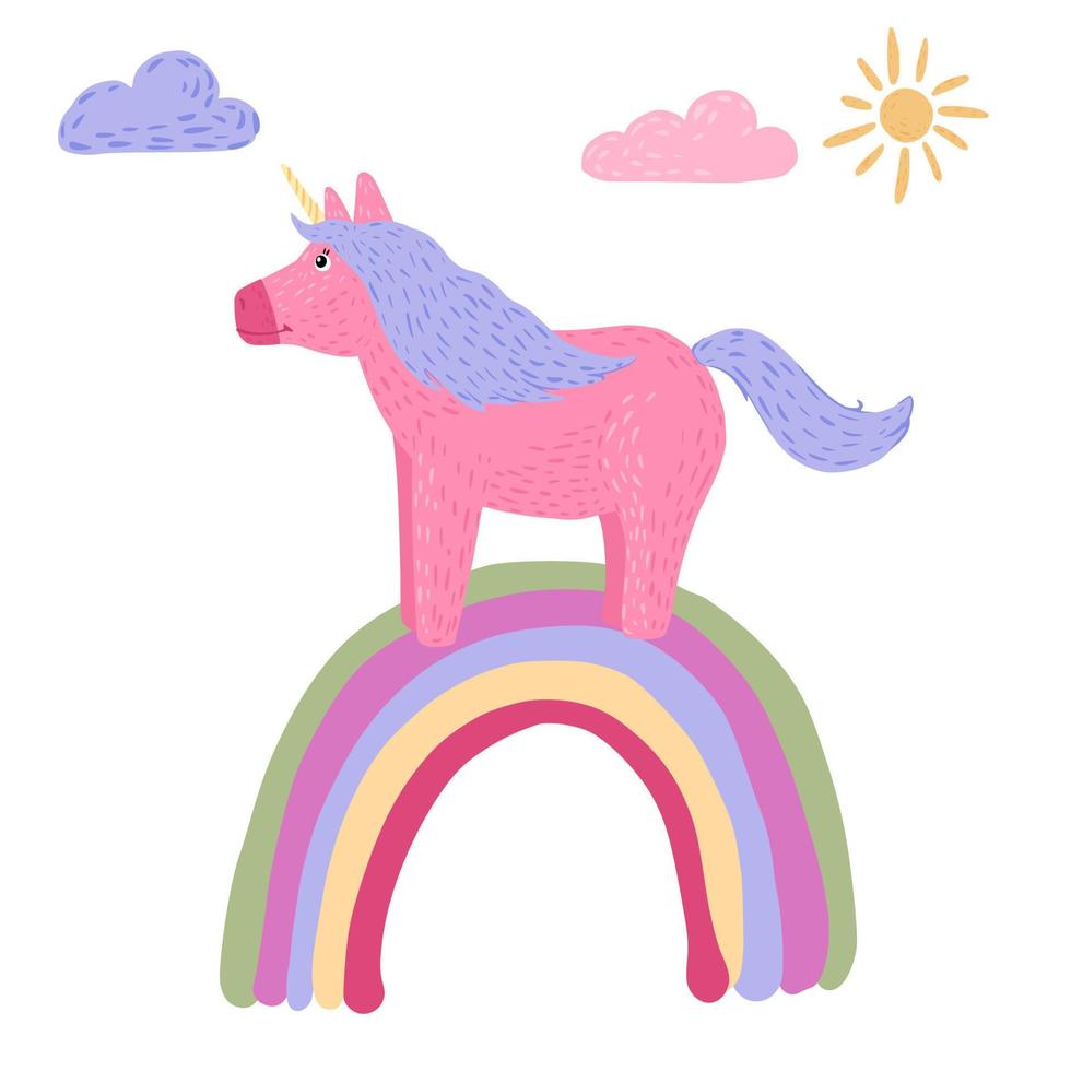 composition licorne debout sur arc-en-ciel sur fond blanc. dessin animé mignon personnage licorne, soleil et nuage en doodle. vecteur