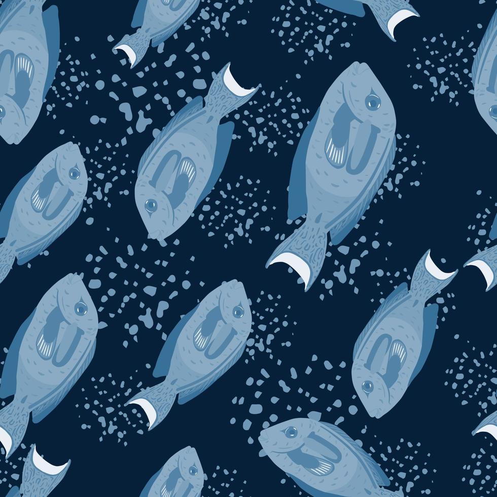 motif aléatoire sans couture avec des silhouettes de poisson chirurgien bleu doodle. fond bleu marine foncé avec des touches. vecteur