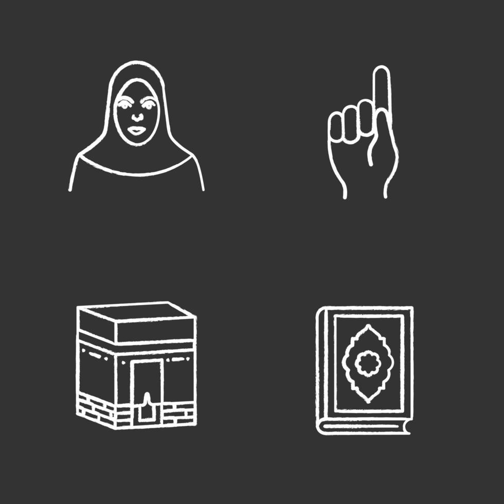 ensemble d'icônes de craie de culture islamique. femme musulmane, geste de dieu, kaaba, livre de coran. illustrations de tableau de vecteur isolé