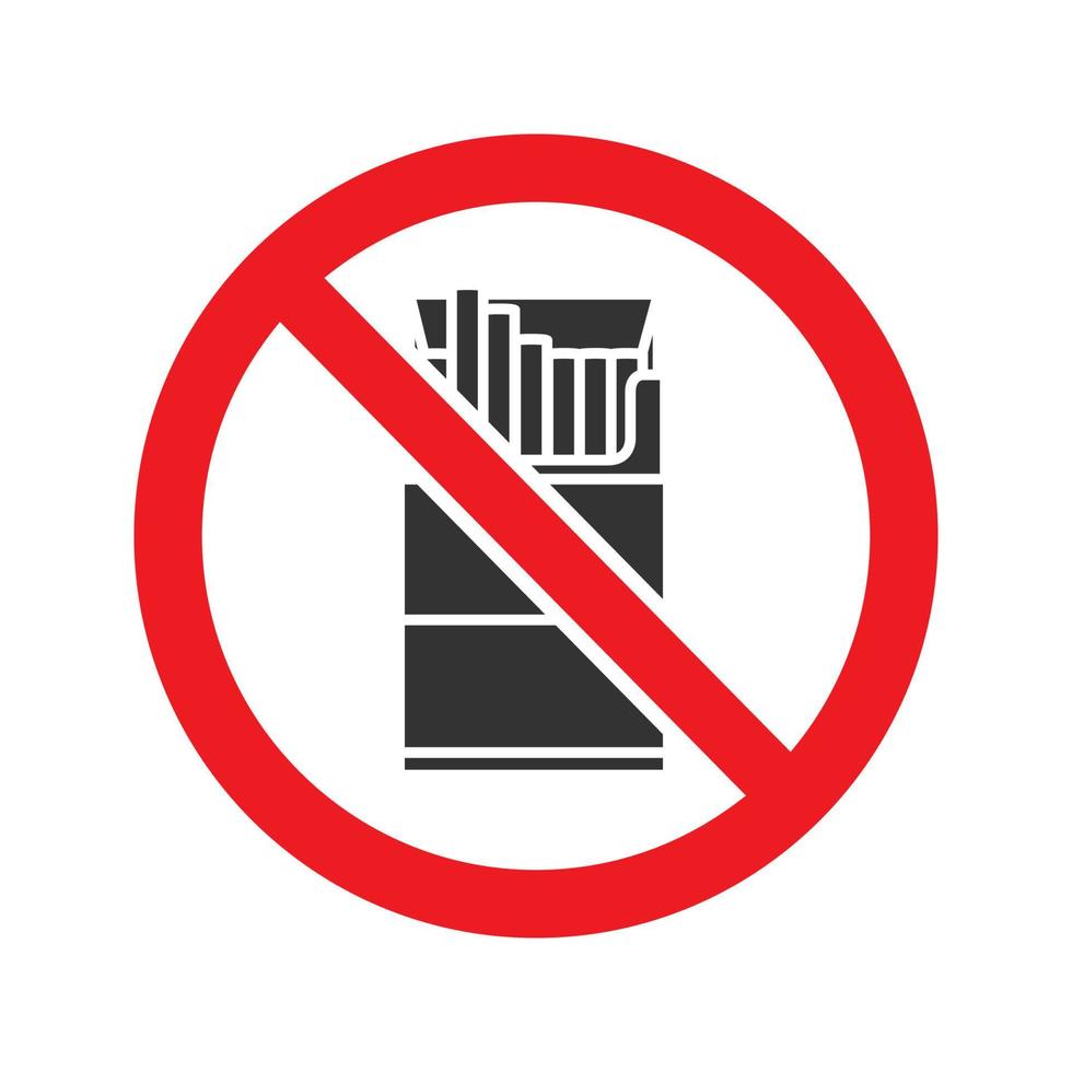 signe interdit avec icône de glyphe de paquet de cigarettes. arrêtez le symbole de la silhouette. pas d'interdiction de fumer. espace négatif. illustration vectorielle isolée vecteur
