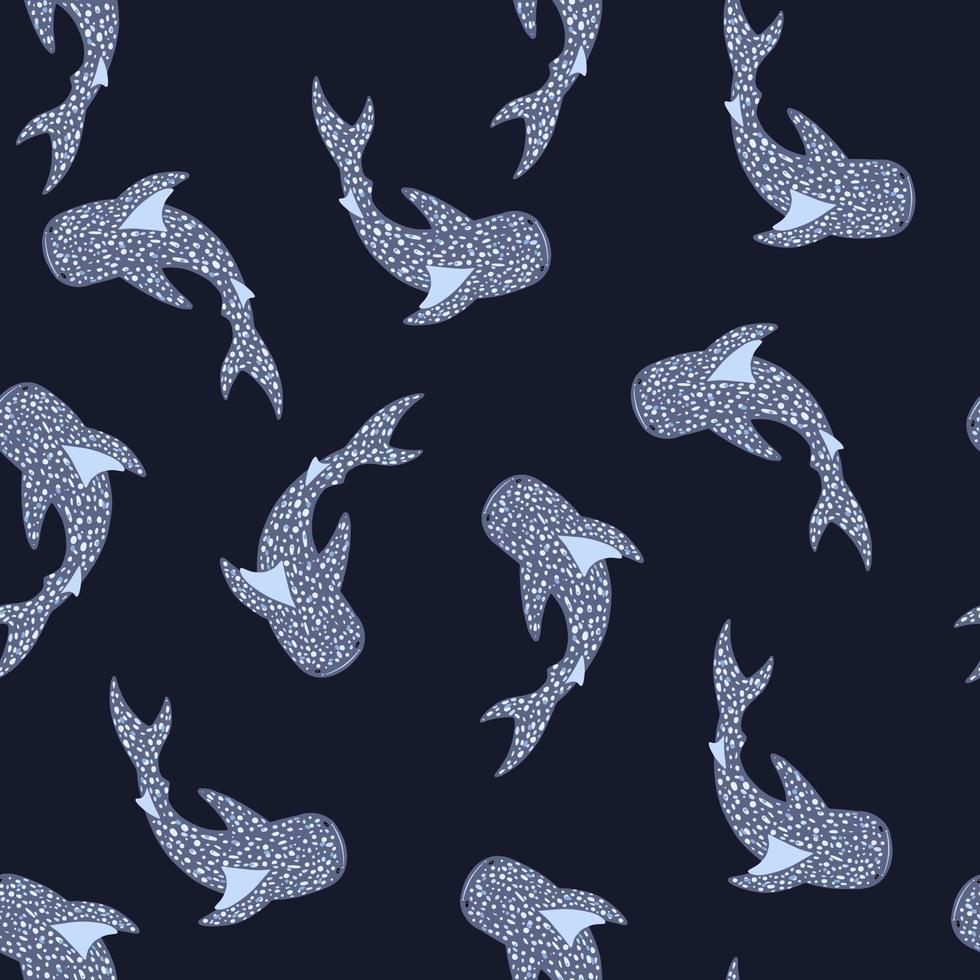 modèle sans couture sombre minimaliste avec des silhouettes de petits requins-baleines. fond bleu marine. vecteur