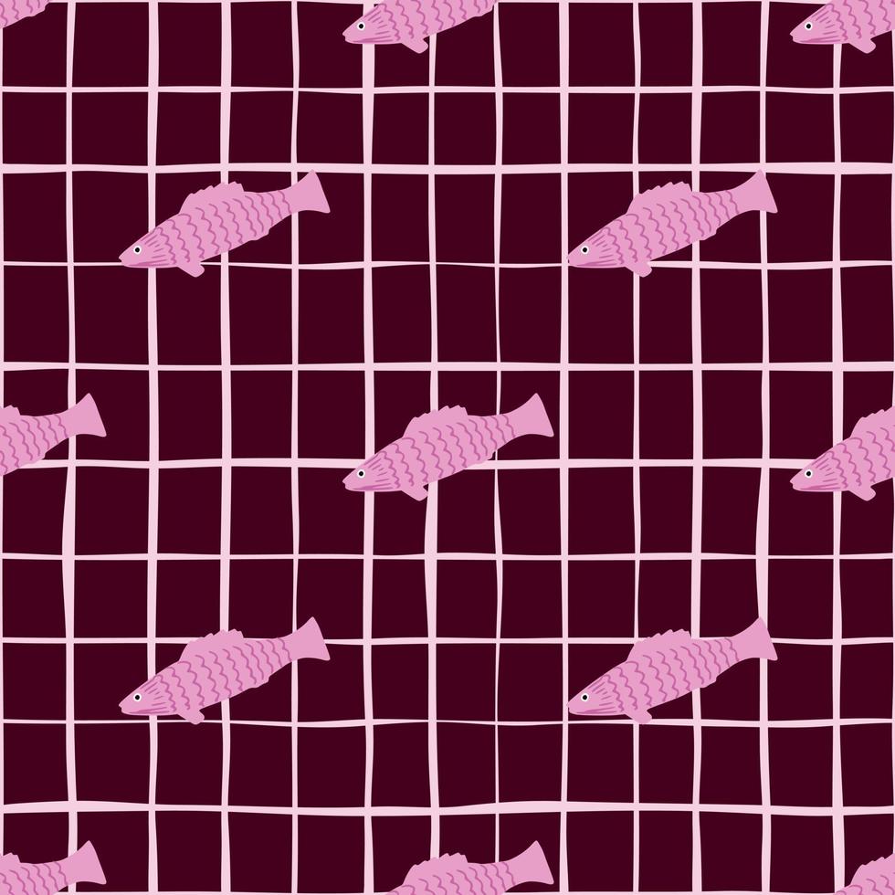 modèle sans couture lumineux créatif avec des silhouettes de poissons roses. illustration de la vie marine animale dessinée à la main avec un fond marron foncé à carreaux. vecteur