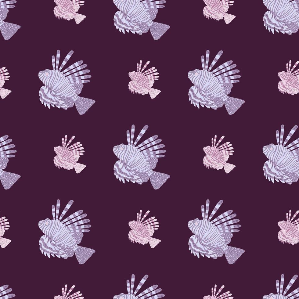 motif de faune sans couture de poisson-lion de couleur violet et rose. fond violet foncé. ornement naturel. vecteur