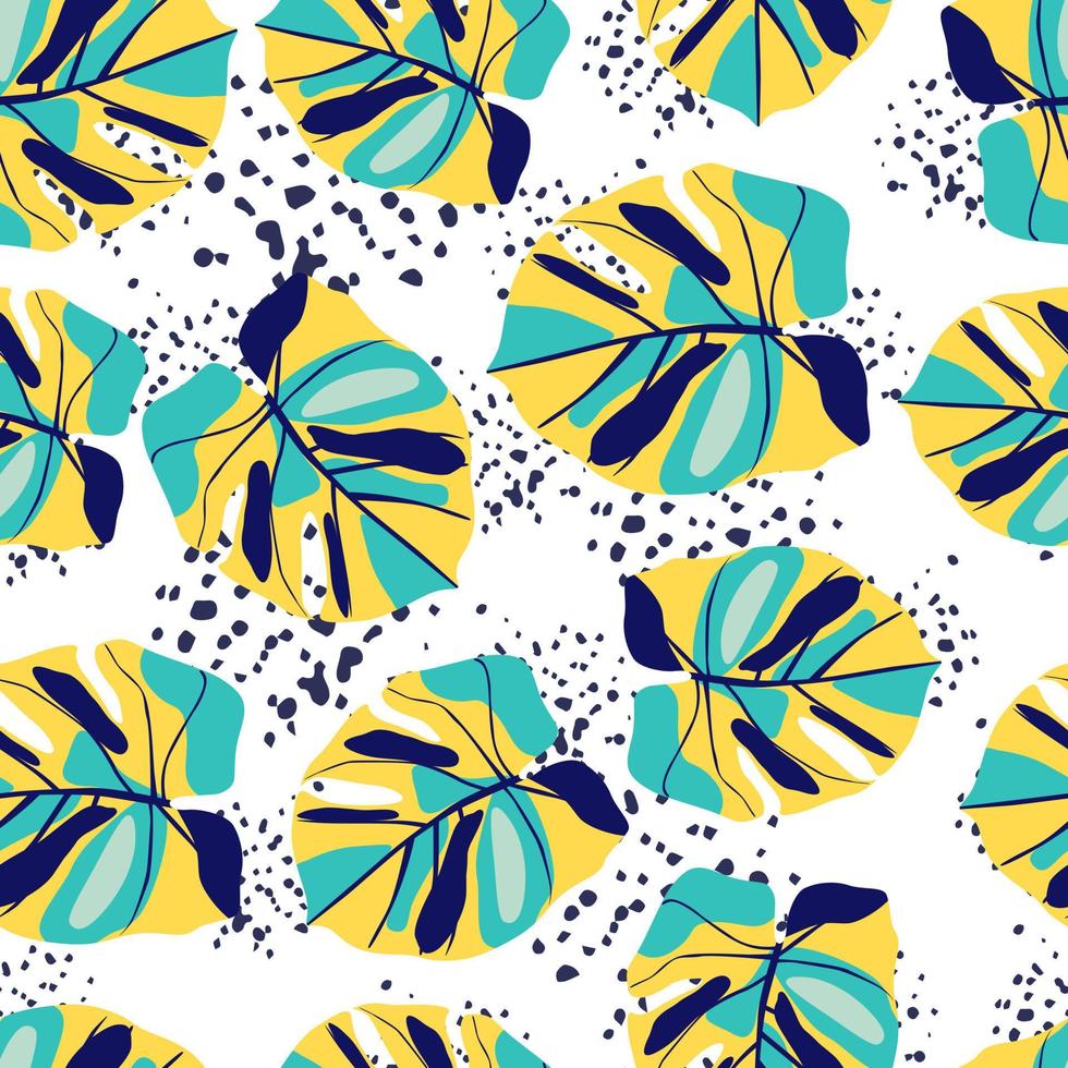 motif de monstera sans couture d'été aléatoire. feuilles tropicales jaunes et turquoises sur fond blanc avec des éclaboussures. vecteur