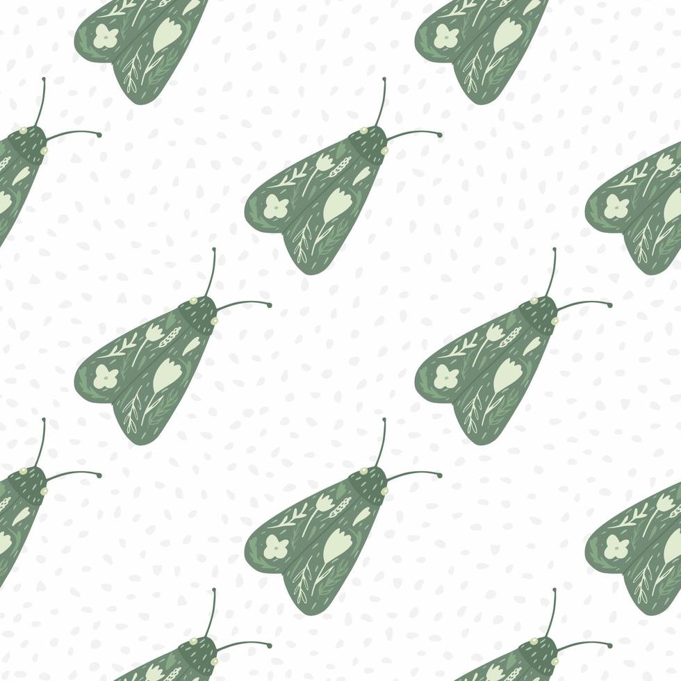 patten sans couture isolée avec des silhouettes de papillon de nuit dessinées à la main. ornement d'insecte vert simple sur fond blanc. vecteur