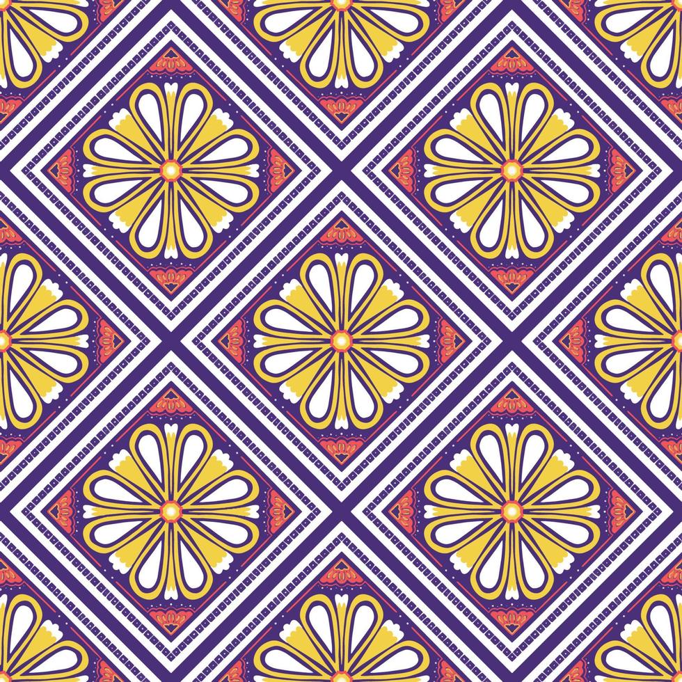 jaune, blanc, orange sur violet. motif géométrique oriental ethnique design traditionnel pour le fond tapis papier peint vêtements emballage batik tissu illustration vectorielle style de broderie vecteur