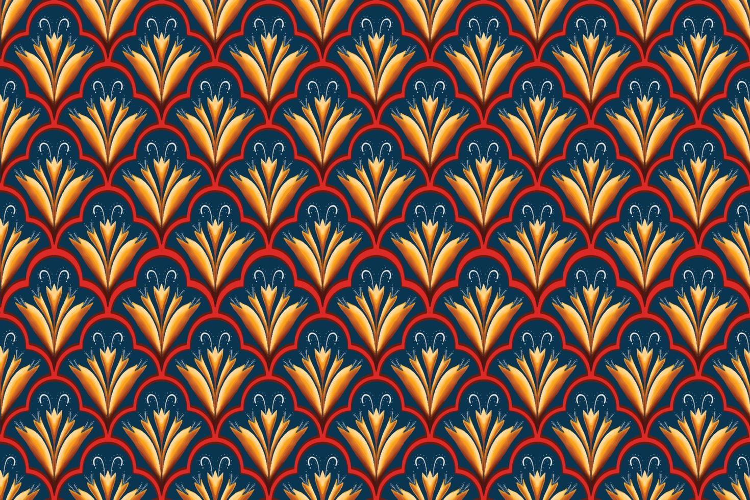 jaune, rouge, blanc sur bleu marine. motif géométrique oriental ethnique design traditionnel pour le fond tapis papier peint vêtements emballage batik tissu illustration vectorielle style de broderie vecteur