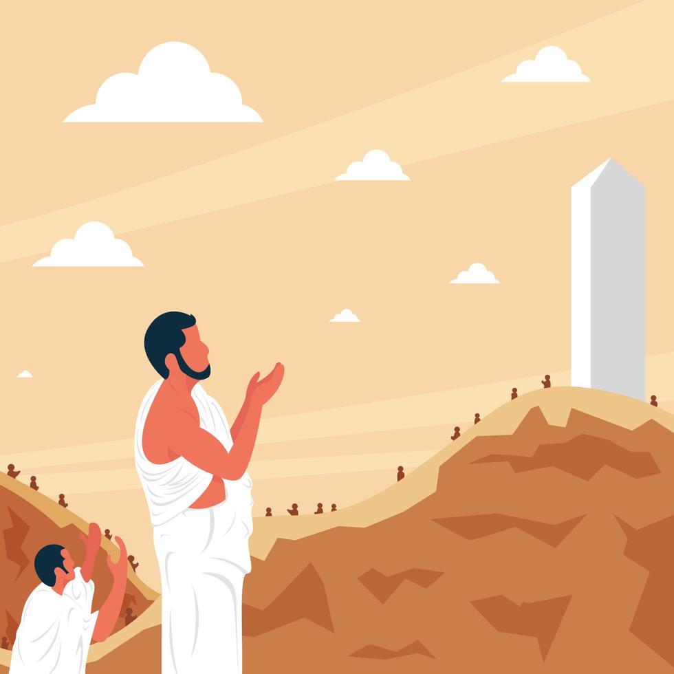 les pèlerins du hajj prient au mont arafat. debout sur le mont arafat jusqu'au coucher du soleil le 9ème jour de dhul hijjah. illustration vectorielle eps.10 vecteur