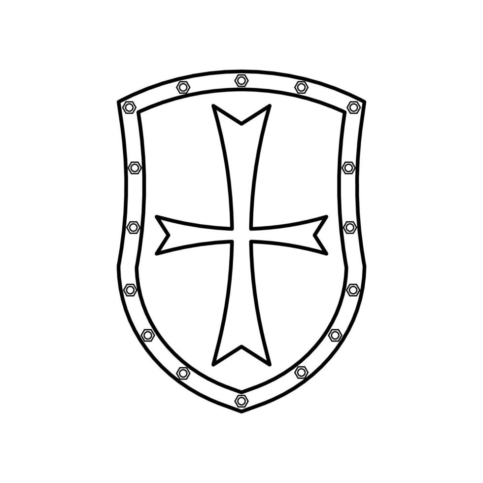 Bouclier avec icône croix noire et blanche dans le style de contour sur fond blanc adapté au logo, à l'armée, à l'icône de sécurité. isolé vecteur