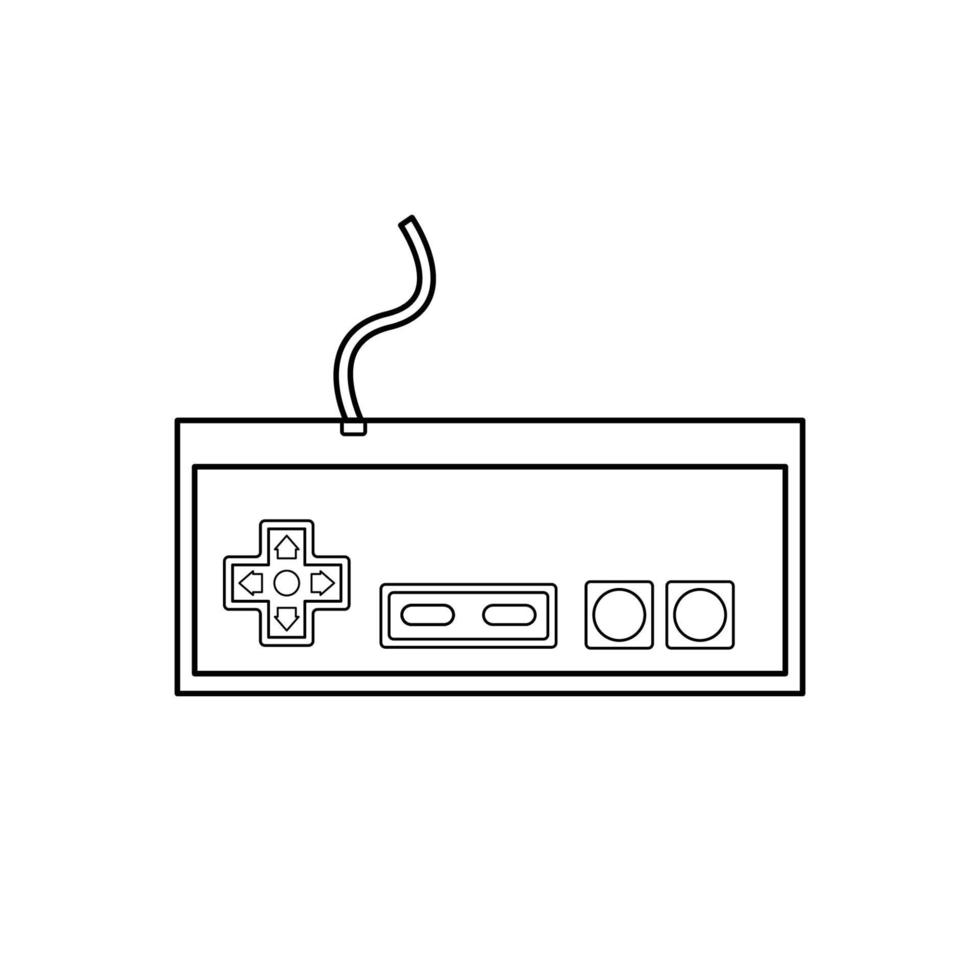 contrôleur rétro, manette de jeu classique nes console des années 80 icône noire et blanche dans le style de contour sur fond blanc adapté au logo, icône de jeu. isolé vecteur