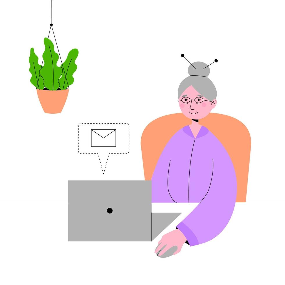 une grand-mère heureuse avec un ordinateur portable est assise dans un fauteuil et écrit une lettre. illustration vectorielle isolée dans un style plat sur fond blanc. vecteur