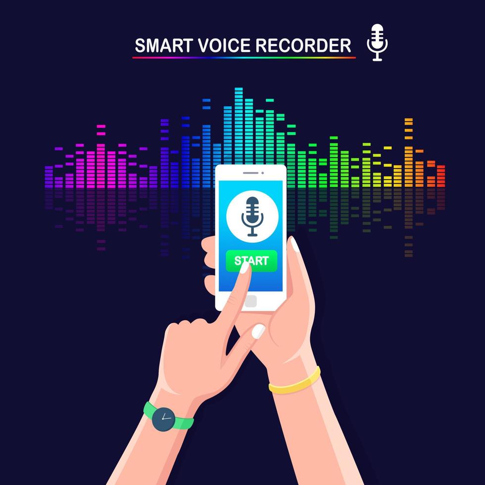 onde de gradient audio sonore de l'égaliseur. téléphone portable avec icône de microphone à l'écran. application de téléphonie mobile pour l'enregistrement radio vocal numérique. fréquence de la musique dans le spectre des couleurs. conception plate de vecteur