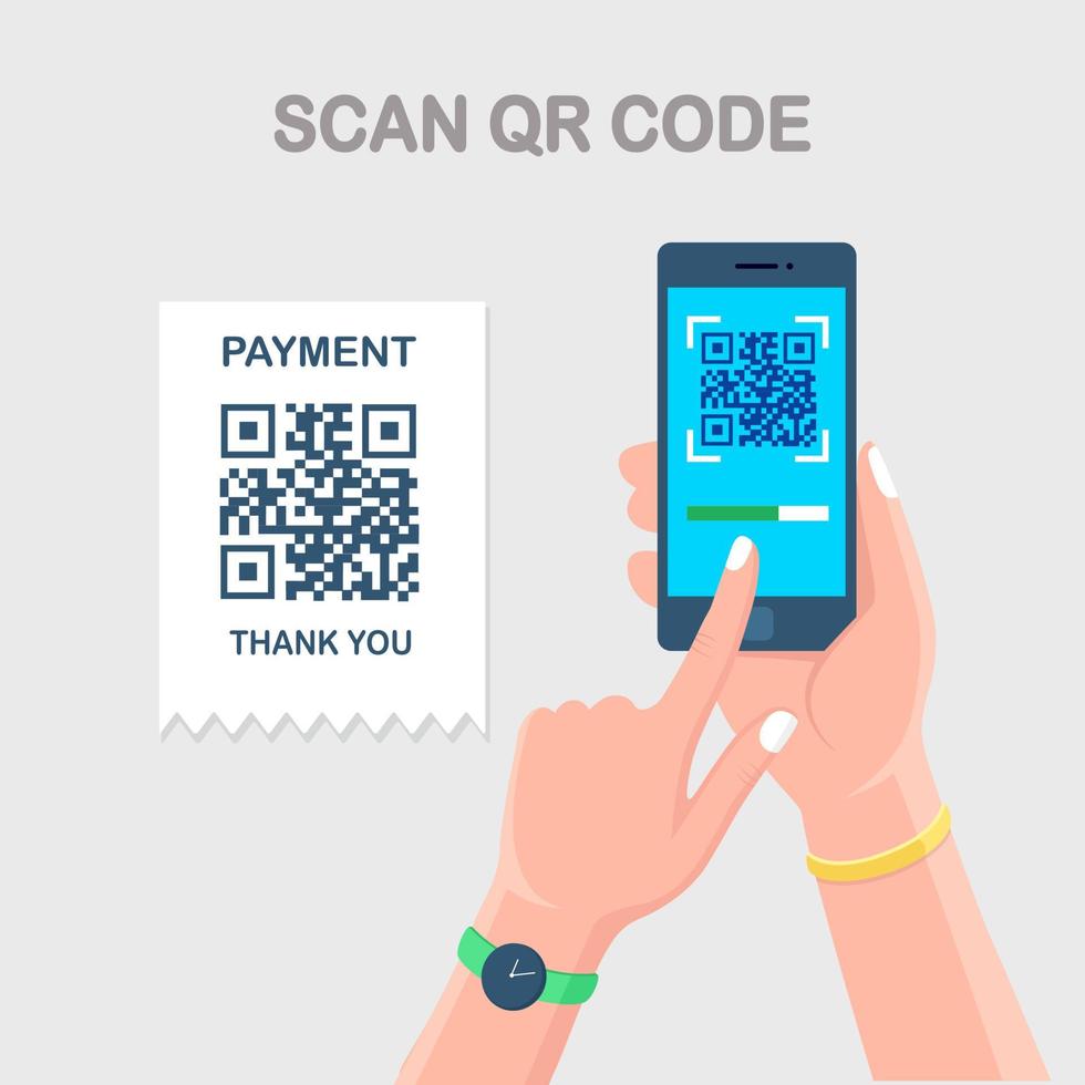 scannez le code qr au téléphone. lecteur de code-barres mobile, scanner en main avec reçu de paiement. paiement numérique électronique avec smartphone. conception plate de vecteur