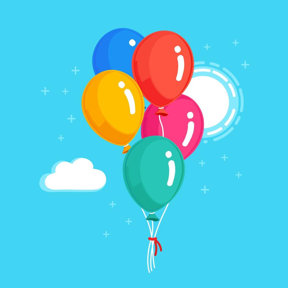 bouquet de ballon d'hélium, boules d'air volant dans le ciel. notion de joyeux anniversaire. conception de dessin animé de vecteur