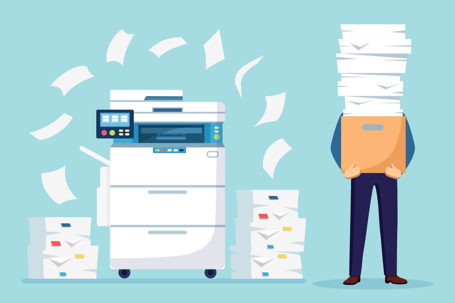 pile de papier, homme d'affaires occupé avec pile de documents en carton, boîte en carton. paperasse avec imprimante, machine multifonction de bureau. notion de bureaucratie. employé stressé. conception de dessin animé de vecteur