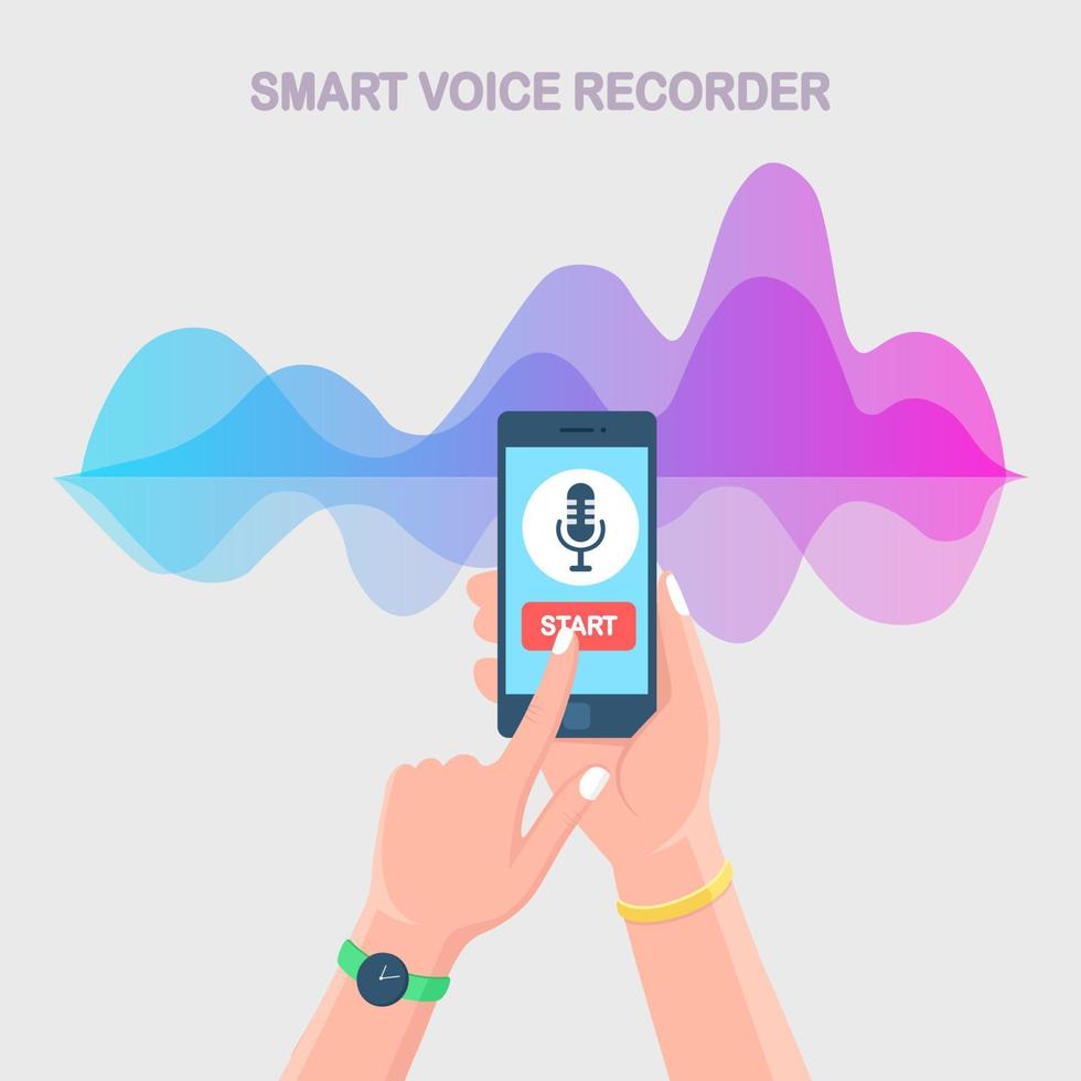 onde de gradient audio sonore de l'égaliseur. téléphone portable avec icône de microphone à l'écran. application de téléphonie mobile pour l'enregistrement radio vocal numérique. fréquence de la musique dans le spectre des couleurs. conception plate de vecteur