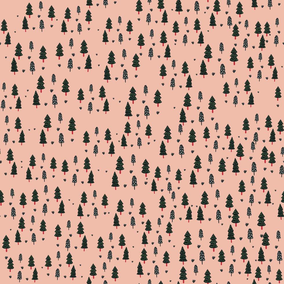 motif dessiné à la main sans couture de petites silhouettes de forêt. éléments de sapin noir sur fond rose clair. vecteur