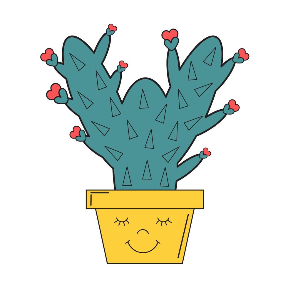 plantes d'intérieur exotiques mexicaines en pots cactus mignon avec des fleurs en forme de coeur en pot de fleurs. illustration vectorielle isolée sur blanc. pour cartes, affiches, impression. succulente romantique drôle. vecteur