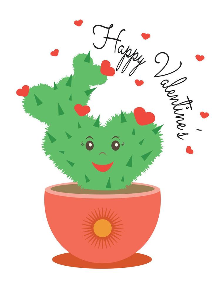 cactus vert avec des coeurs rouges dans un pot avec l'inscription happy valentine day. notion romantique. conception de dessin animé pour cartes de voeux, affiches, tasses, vêtements. vecteur