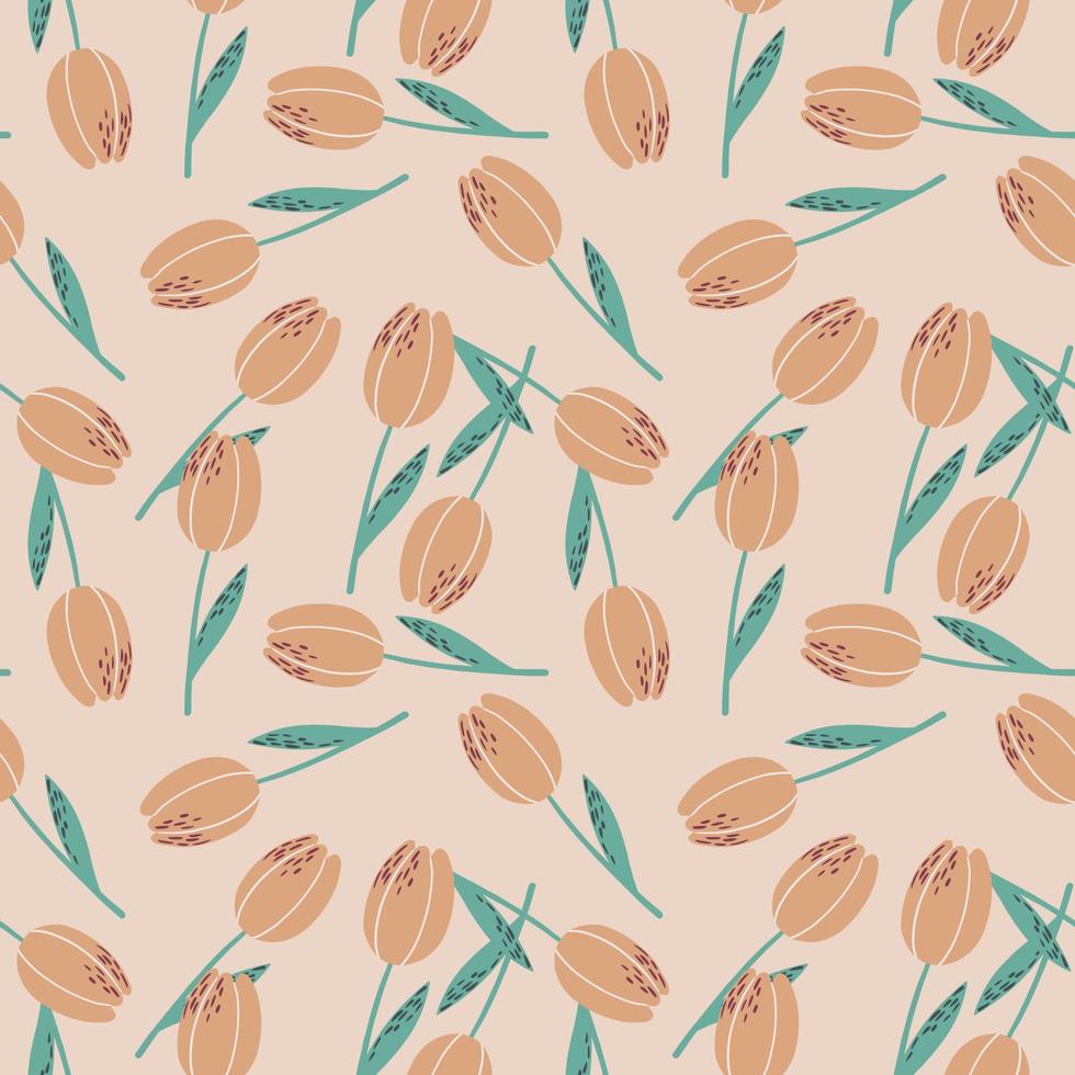 motif aléatoire sans couture avec ornement de fleur de tulipe. éléments vintage orange et vert sur fond rose. vecteur