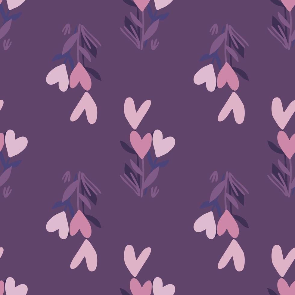 coeurs de fleurs doodle modèle sans couture dessiné à la main. fond violet. ornement floral rose et lilas. vecteur