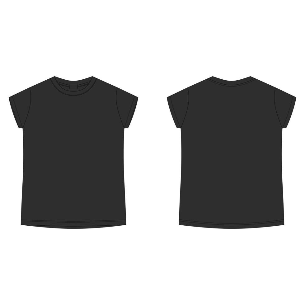 modèle vierge de t-shirt en couleur noire. tee-shirt de croquis technique pour enfants isolé sur fond blanc. style enfant décontracté. avant et arrière. vecteur