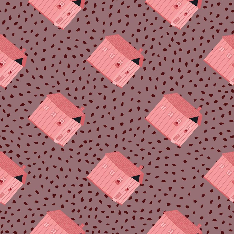 modèle sans couture de silhouettes de maisons de couleur rose. ornement de cottage doodle sur fond pâle avec des points. vecteur