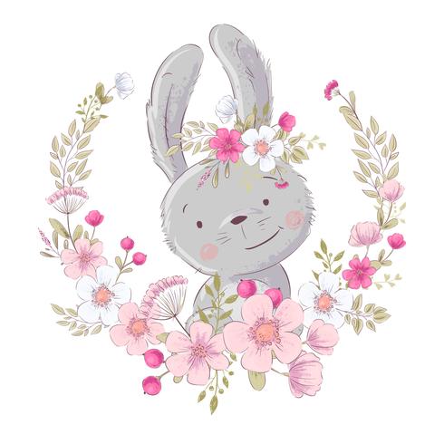 Poster carte postale mignon petit lapin dans une gerbe de fleurs. Dessin à main levée. Vecteur