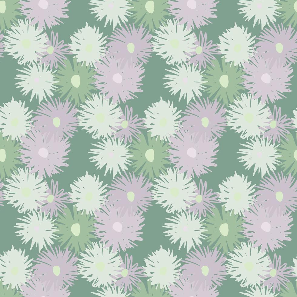 motif de printemps sans couture avec des silhouettes de chrysanthème. fond pâle et fleurs violettes et vertes douces. vecteur