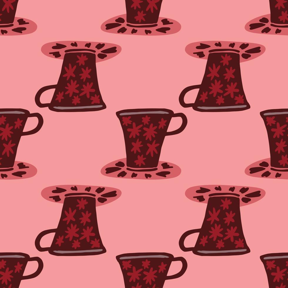 modèle sans couture de silhouettes de tasse de couleur rouge et marron. éléments de doodle ktchen sur fond rose. vecteur