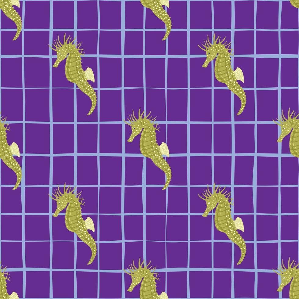 motif transparent abstrait lumineux avec des éléments de doodle hippocampe vert. fond quadrillé violet. vecteur