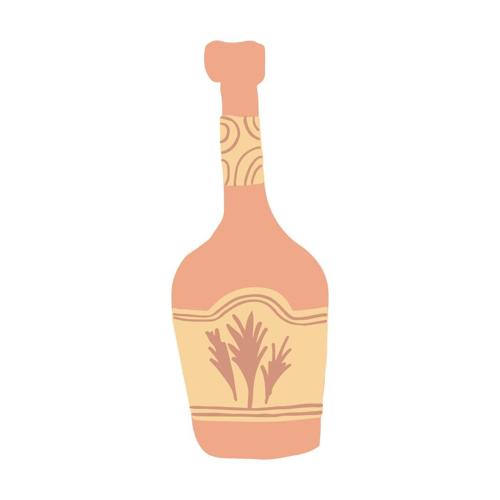 jolie bouteille d'alcool de rhum dans un style doodle. dessin à main levée. drôle de bouteille en verre isolé sur fond blanc. vecteur