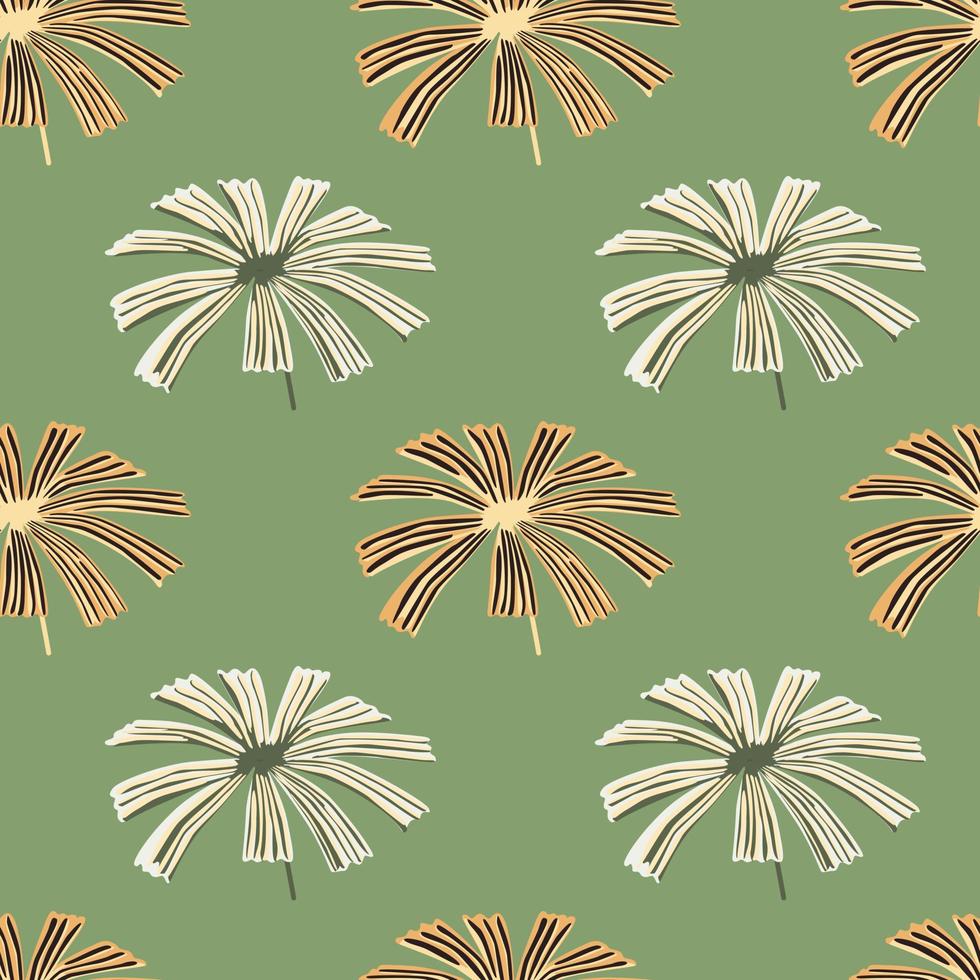 tons pastel motif floral harmonieux avec des formes de licuala de palmier de couleur grise et orange. fond vert. vecteur