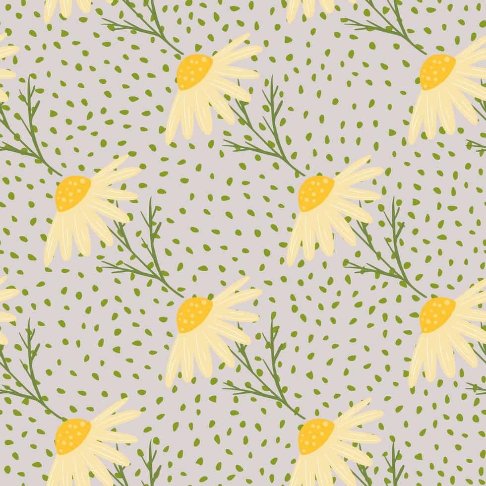 modèle sans couture de saison estivale avec impression de marguerites jaunes doodle. fond violet pastel avec des points. vecteur