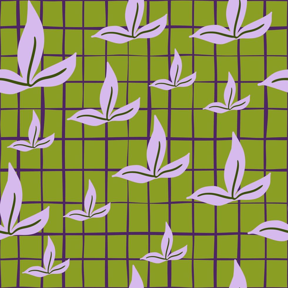 motif sans couture d'impression de feuille simple violet clair aléatoire. fond à carreaux verts. vecteur