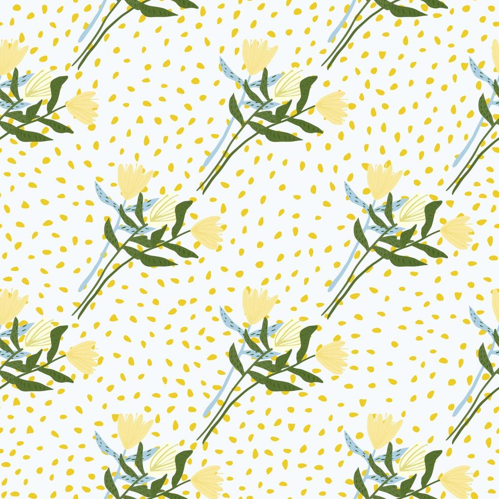 motif floral sans couture d'été avec des fleurs de tulipes jaunes. fond blanc avec des points. toile de fond botanique simple. vecteur