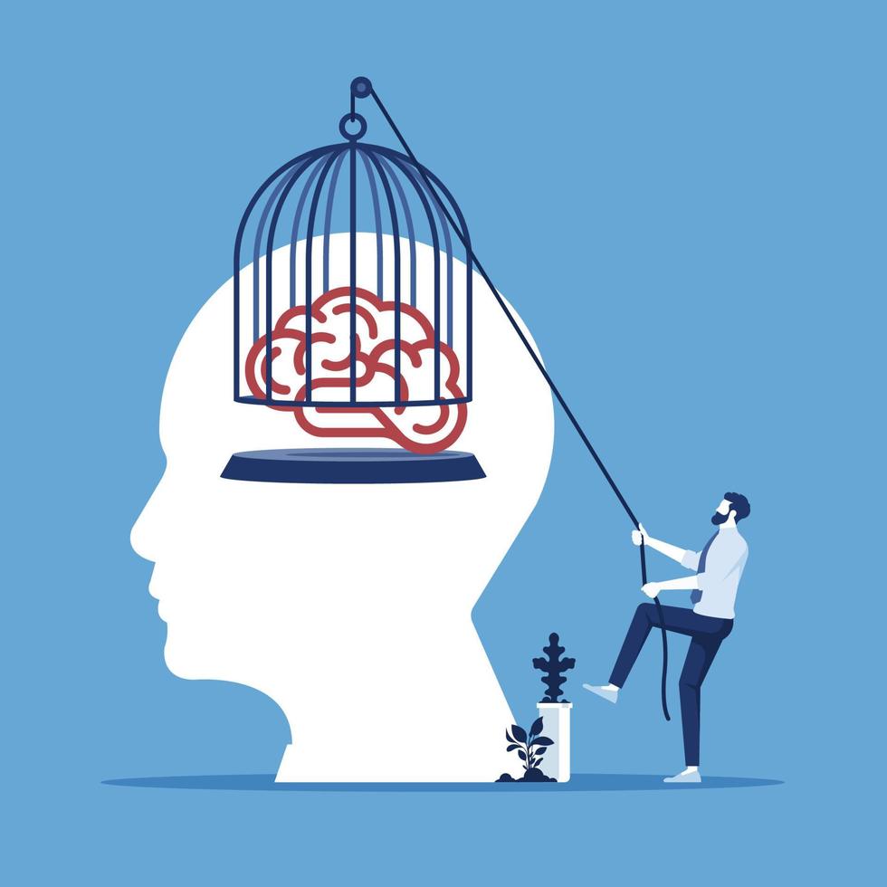 le concept de libération et de liberté de l'esprit, homme d'affaires soulevant la cage dans le cerveau vecteur