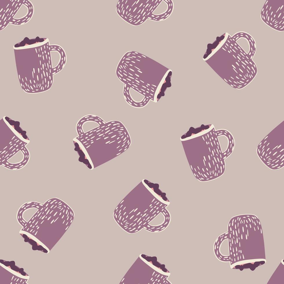 motif de doodle abstrait sans couture avec ornement de tasse de cacao violet. fond pastel. décor de vacances. vecteur