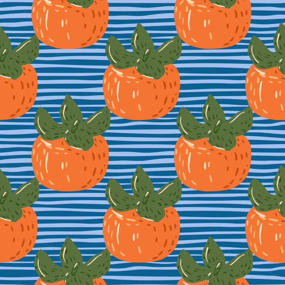 motif de doodle sans couture de dessin animé avec des kakis orange vif. fond rayé bleu. vecteur