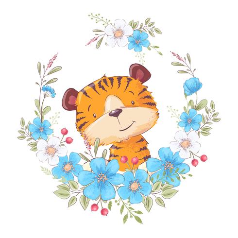 Carte postale mignonne petit tigre dans une gerbe de fleurs. Dessin à main levée. Vecteur