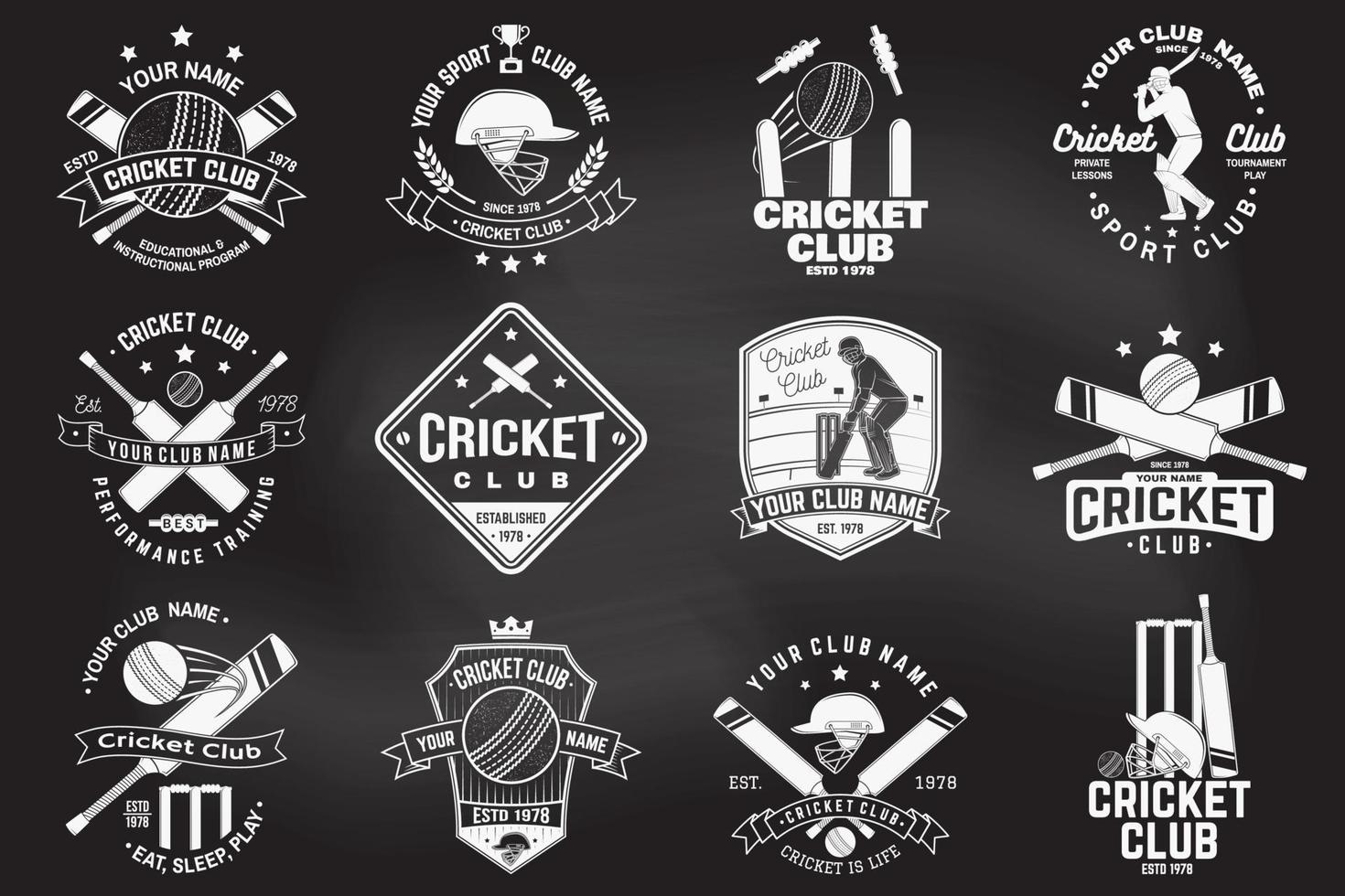 ensemble de badges de club de cricket sur le tableau. vecteur. concept de chemise, d'impression, de timbre ou de tee-shirt. modèles pour club de sport de cricket. vecteur
