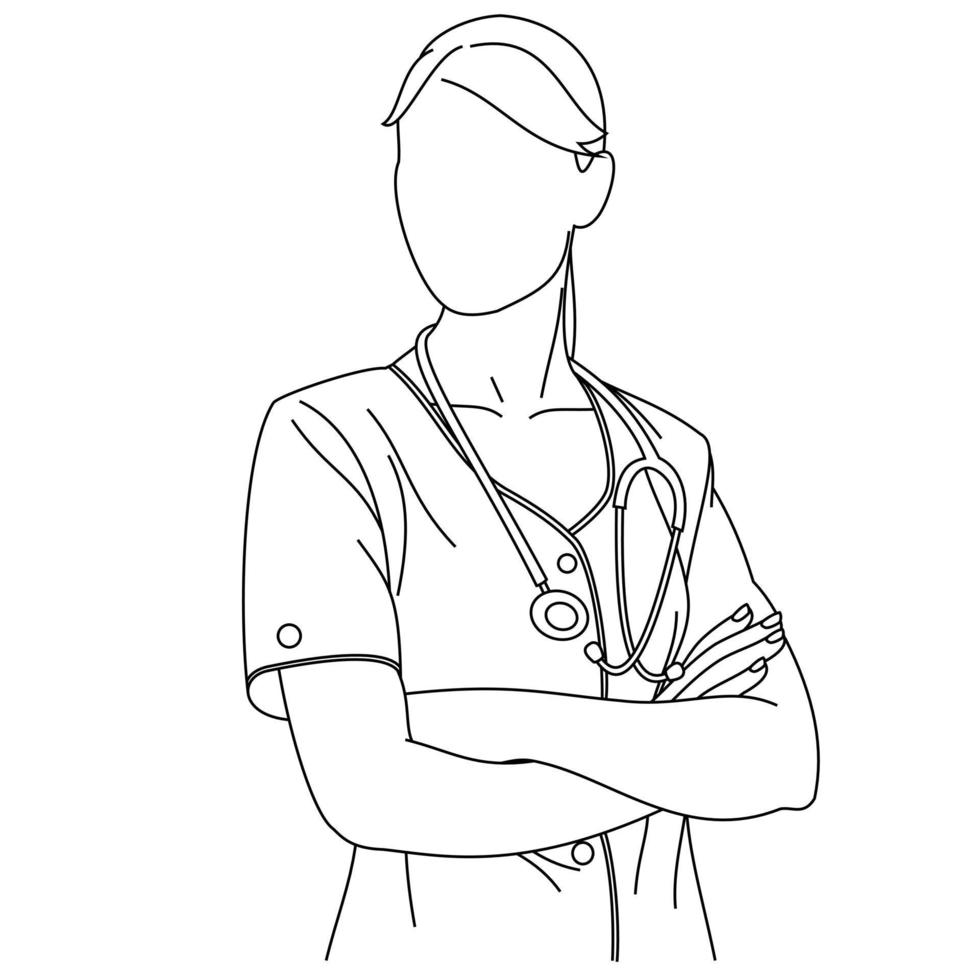 dessin d'illustration d'une jeune infirmière professionnelle portant des gommages uniformes et un phonendoscope ou un stéthoscope. Un portrait d'un médecin regardant la caméra isolé sur fond blanc vecteur