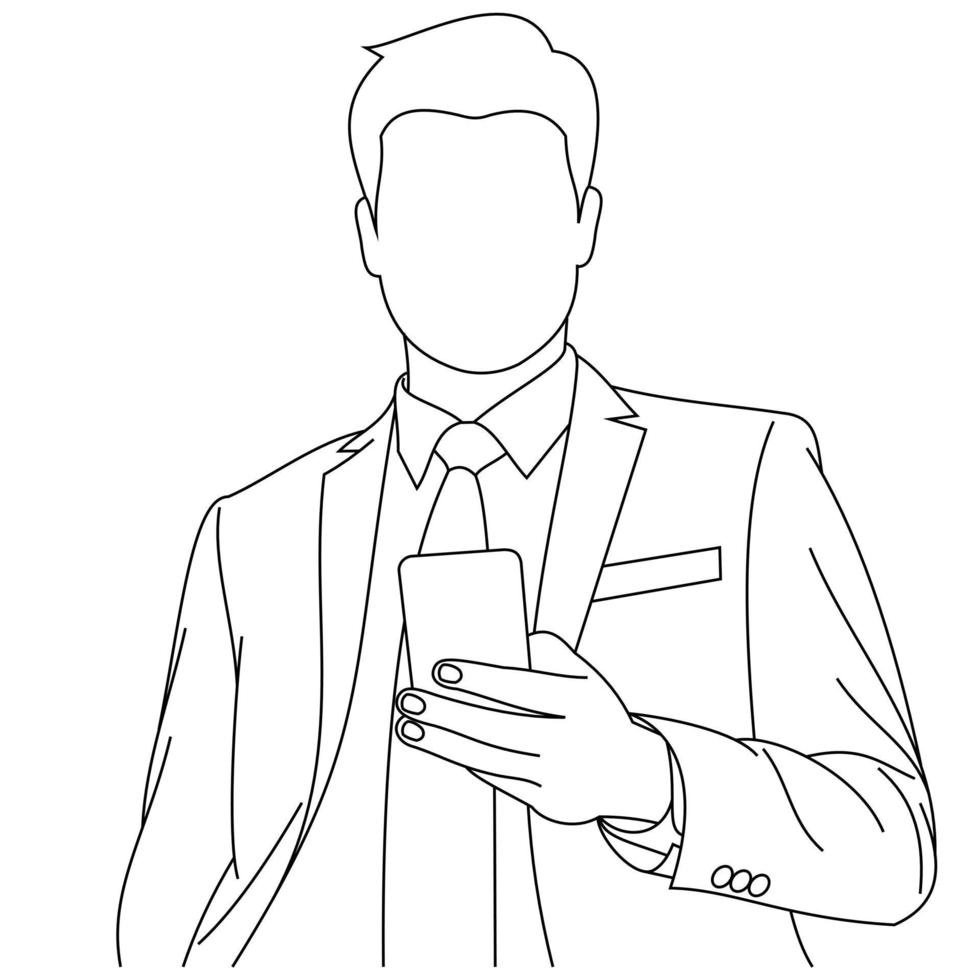 illustration dessins au trait un bel homme d'affaires en costume formel regardant l'écran du téléphone intelligent, vérifiant les informations en ligne à partir des nouvelles des médias sociaux et lisant ou écrivant des messages électroniques isolés sur blanc vecteur